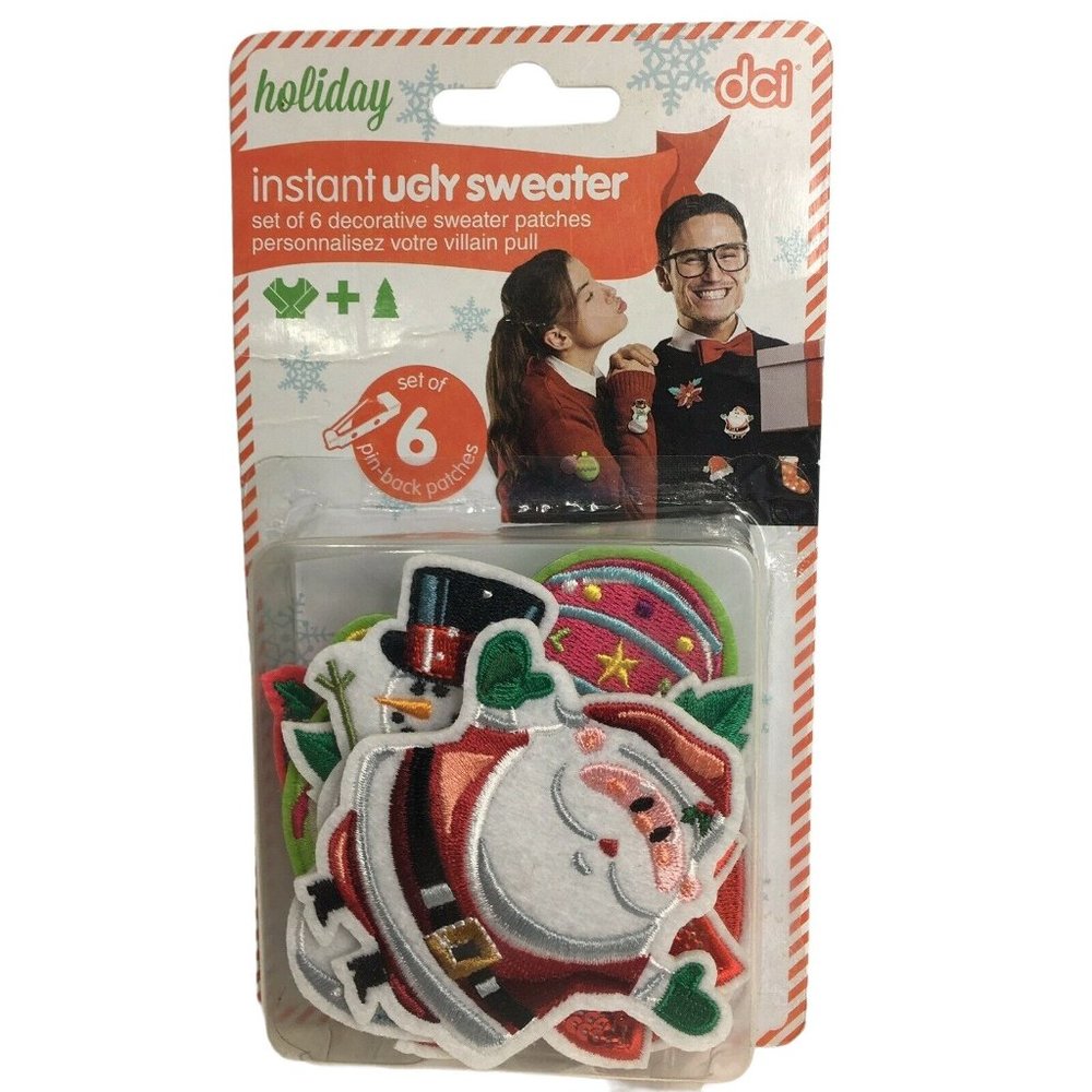 Instant Ugly Sweater Christmas Holiday Set Of 6 Pin Back Patches DCI Santa Snow